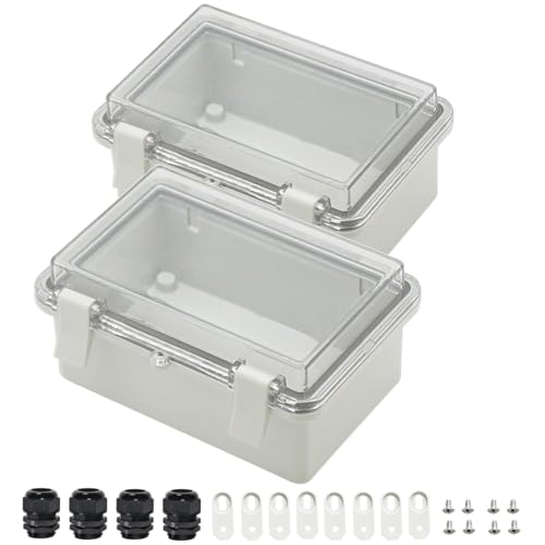 Zulkit 2pcs Junction Box ABS Plastic Dustproof Waterproof IP65 Electrical Boxes Hinged Shell Outdoor Universal Project Enclosure Clear Cover with 2 Cable Glands 5.9 x 3.9 x 2.8 inch (150x100x70 mm) - size: 5.9" x 3.9" x 2.8"(2pcs)