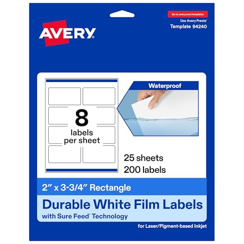 Avery Printable Durable White Rectangle Labels, Sure Feed Technology, 2" x 3.75", Print-to-the-Edge, Waterproof Labels, Laser & Pigment-Based Inkjet Compatible, 200 Total - style: 200 labels