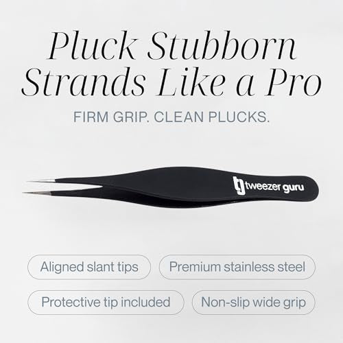 Tweezer Guru Ingrown Hair Tweezers - Pointed Precision Tweezers for Eyebrows & Ingrown Hair Removal - Blackhead and Splinter Tweezer with Sharp Needle Nose Point (2 Piece Set, Black (Point+Slant)) - color: Black