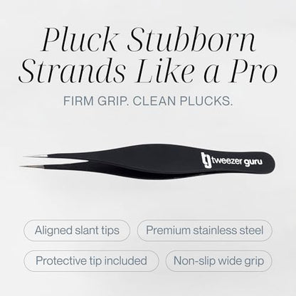 Tweezer Guru Ingrown Hair Tweezers - Pointed Precision Tweezers for Eyebrows & Ingrown Hair Removal - Blackhead and Splinter Tweezer with Sharp Needle Nose Point (2 Piece Set, Black (Point+Slant)) - color: Black