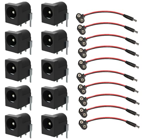 California JOS Breadboard-Friendly 2.1mm PCB Mounting Female DC Power Barrel Jack (10PCS DC Power Jack+10 PCS 9V Battery Clip)