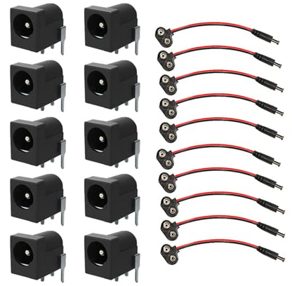 California JOS Breadboard-Friendly 2.1mm PCB Mounting Female DC Power Barrel Jack (10PCS DC Power Jack+10 PCS 9V Battery Clip)