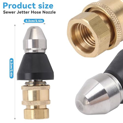 Brass & Stainless Steel Sewer Jetter Kit for Pressure Washer, G1/4 Nozzle with G3/8 Adapter, High-Pressure Drain Cleaning Tool, Self-Propelling Rear Jet Design for Pipes & Drains