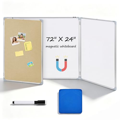 Mooliwe 72"x24" Tri-fold Fabric Board Whiteboard Combo, Foldable Combination Magnetic Dry Erase Board & Bulletin Whiteboard with Aluminum Frame Wall Mounted for Home, Office and School(Beige) - color: Beige