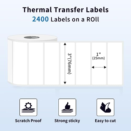 [1x2400 pcs] Phomemo 3 x 1 inch (76mm*25mm) Thermal Transfer Polypropylene Labels for Barcodes, Address, Compatible with Thermal Transfer Desktop Printers, 1 in Core 1 Rolls (White) - size: 3" x 1"