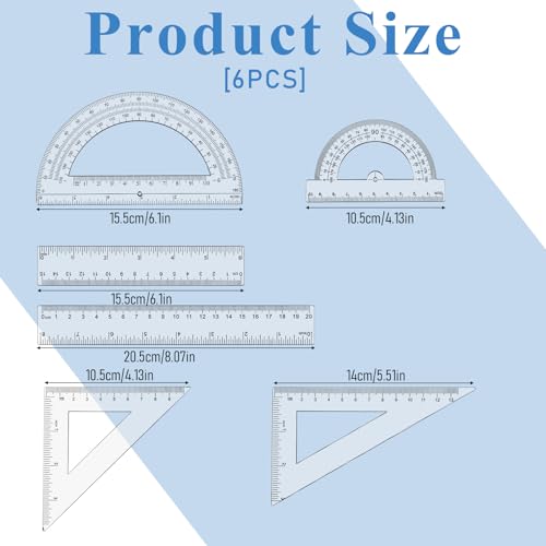6 Pcs Geometry Set Transparent Plastic Clear Ruler Drafting Kit Includes Protractor Straight Ruler Triangle Rulers Clear Measuring Tools for Office Home Supplie