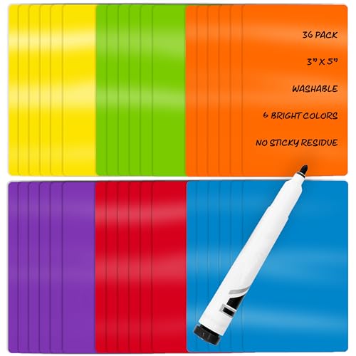 Better Office Products 36 Pack Dry Erase Stickers, 3" x 5" Size, Assorted Colors, Easy to Remove Peel and Stick Vinyl Decals for Organizing, Color Coded Labeling of Household or Classroom Items