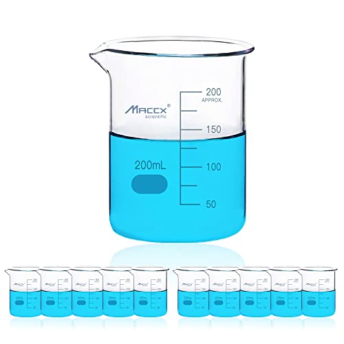 6.7oz(200ml) Sturdy Glass Beaker, 3.3 Borosilicate Griffin Low Form with Printed Graduation, Pack of 10, BKL200-010 - style: Vol.200ml, Pack of 10