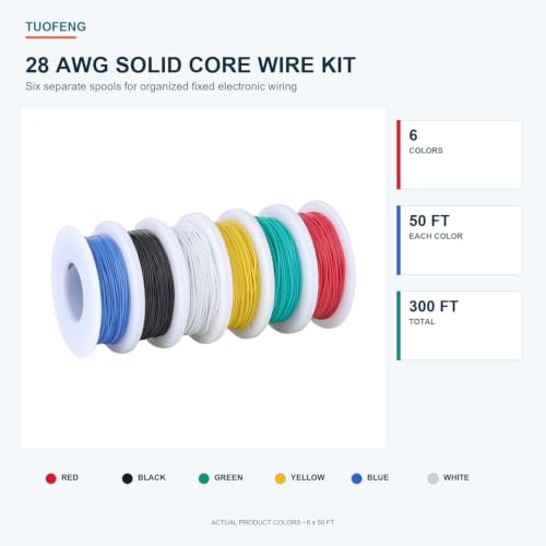 TUOFENG 28 AWG Solid Tinned Copper Wire Kit, 6 Colors, 50 ft Each - size: 28 AWG Solid Core 6 Colors 50 ft