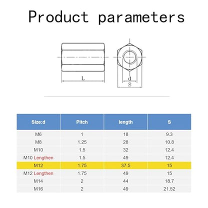 M12-1.75 x 38mm Long Rod Metric Hex Coupling Galvanized Carbon Steel Hex Threaded Rod Coupler for Furniture, Electronic, Industrial 5 Pcs - size: M12-1.75x38mm（5 Pcs）