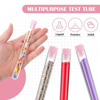 100 Pack Plastic Test Tubes with Caps, 25ml/6" Clear Tubes Vials - color: Pink Lid