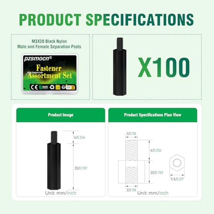 100 Pcs M3x20+6mm Nylon Black Male-Female Hex Standoff Spacer Kit - size: M3*20 mm, style: Black Male-Female Hex Standoff
