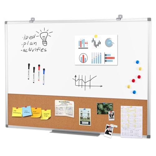 SWANCROWN Dry Erase Board with Cork Board, 24 x 36 in, Aluminum Frame - color: Cork-horizontal, size: 36"W x 24"H