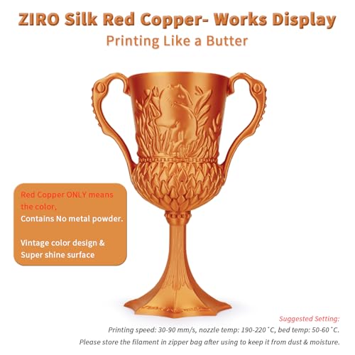 ZIRO PLA 3D Printer Filament, Shiny Glossy Surface, 1KG/2.2lbs, Red Copper - color: Silky-red Copper