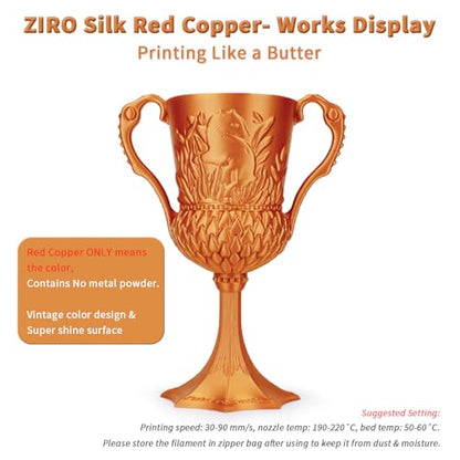 ZIRO PLA 3D Printer Filament, Shiny Glossy Surface, 1KG/2.2lbs, Red Copper - color: Silky-red Copper