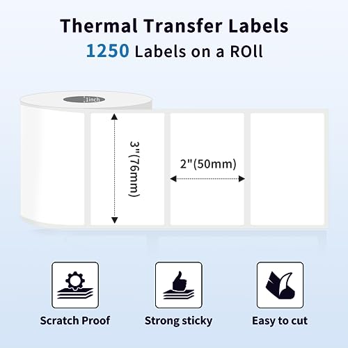 Phomemo 3 x 2 inch (76mm*50mm) Thermal Transfer Polypropylene Labels for Barcodes, 1x1250 pcs, Address, Compatible with Thermal Transfer Desktop Printers, 1 in Core 1 Rolls (White) - size: 3" x 2"