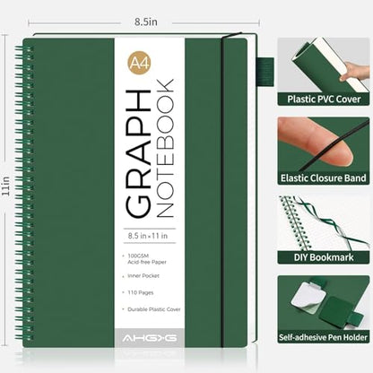 AHGXG Spiral Graph Paper Notebook, 110 Pages, A4 (8.5" x 11") - color: Green, style: A4-Graph