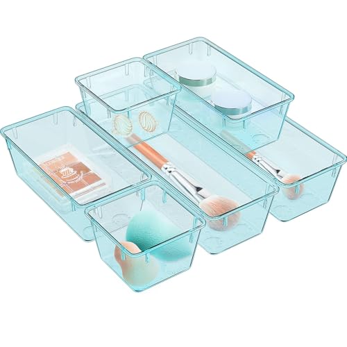 6 Pack Clear Drawer Organizer Set, Drawer Storage Trays, Storage Bins - color: Sea Blue, size: 6 PCS