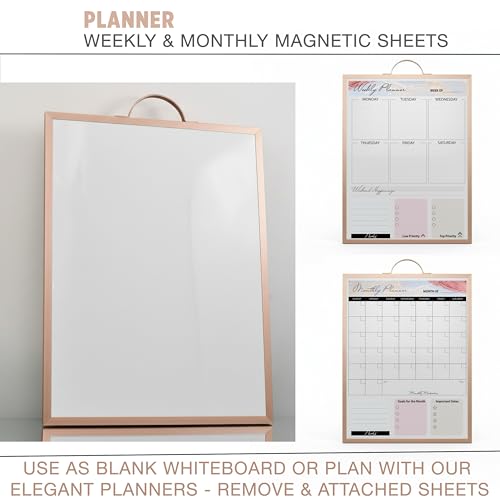 Magnetic Dry Erase Board 12x16 with Handle, Double Sided Portable Rose Gold Whiteboard for Home, Office, School & Kitchen, Includes Weekly & Monthly Magnetic Planner Sheets - style: Rose Gold Handle + Planner