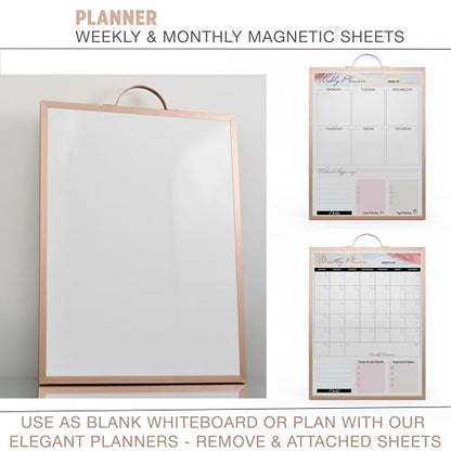 Magnetic Dry Erase Board 12x16 with Handle, Double Sided Portable Rose Gold Whiteboard for Home, Office, School & Kitchen, Includes Weekly & Monthly Magnetic Planner Sheets - style: Rose Gold Handle + Planner