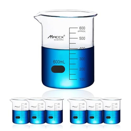 20.3oz(600ml) Sturdy Glass Beaker, 3.3 Borosilicate Griffin Low Form with Printed Graduation, Pack of 6, BKL600-006 - style: Vol.600ml, Pack of 6