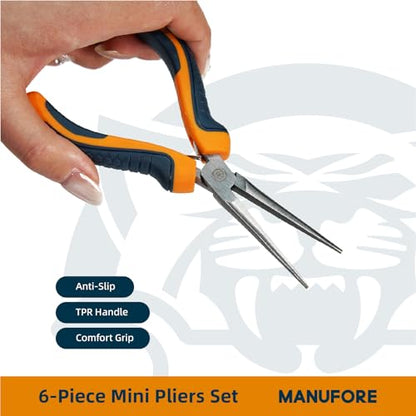 MANUFORE 6-Piece Mini Pliers Set for Precision Cutting, Gripping, Twisting