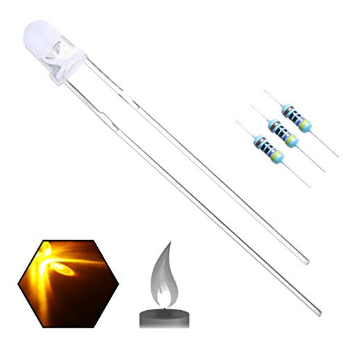 100pcs 3mm Yellow Flicker Flickering LED Diodes Candle Flicking Lights Clear Round Lens 29mm Long Lead DC 2V Light Emitting Diode Lamp Bulb +100pcs Resistors (470ohm for DC 6-12V) Included - color: [06] Yellow / 100pcs, style: [E] 3mm Flickering Light