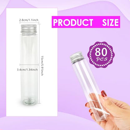 80 Pcs Clear Flat Test Tubes 110ml Plastic Test Tube with Screw Caps Transparent Test Tube for Bath Salt Gumball Candy Storage Science Party