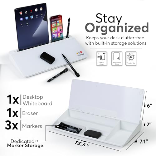 HURUC Desk Buddy Glass Desktop Whiteboard – Desk Board Buddy Hidden Storage - color: White