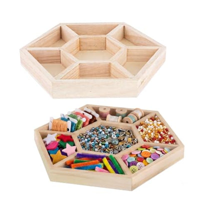 Hammont Hexagon Wooden Tray – 2-Pack – 10.5″ x 1″ – 7 Section Divided Serving & Snack Platter for Appetizers, Veggies, Montessori Activities - style: Hexagon Tray - Large