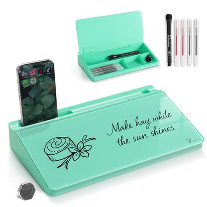 TOWON Compact Glass Desktop Whiteboard with Storage 12x7 in, Mint Green - color: Mint
