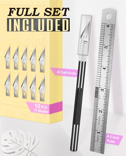 DIYSELF Precision Hobby Knife with 10 Extra #11 Blades, 6-Inch Metal Ruler - color: Black-10pcs