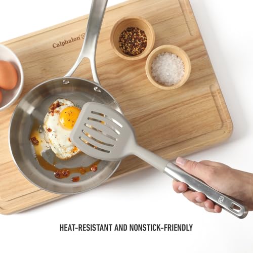 Calphalon Prime Slotted Turner, Kitchen Flipping Spatula, Slotted Spatula with Silicone Head and Stainless Steel Handle, Heat Resistant Nonstick Cookware for Flipping and Draining (Taupe) - color: Taupe III, size: Slotted Turner