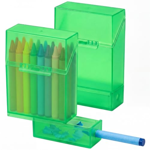 Clabby 2 Pcs 2 in 1 Plastic Crayon Box with Sharpener Holds 24, Green - color: Green