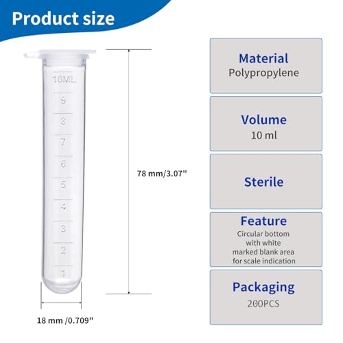 10ml centrifuge Tubes 200PCS,Centrifuge Tubes with Attached Lid,Clear Round Micro Centrifuge,Small Sample Bottle Vials Container for Lab,Plastic Lab Snap Tubes,Clear Graduation - size: 10ml-whtie