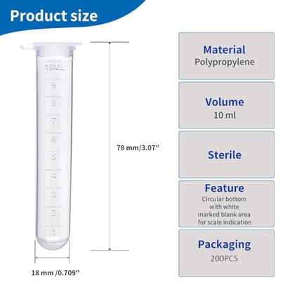 10ml centrifuge Tubes 200PCS,Centrifuge Tubes with Attached Lid,Clear Round Micro Centrifuge,Small Sample Bottle Vials Container for Lab,Plastic Lab Snap Tubes,Clear Graduation - size: 10ml-whtie