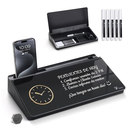 TOWON Compact Glass Desktop Whiteboard with Storage 12x7 in, Black - color: Black