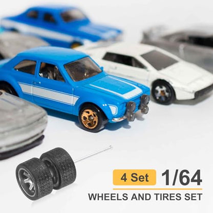 MECCANIXITY 4 Set 1/64 Wheels and Tires Set, Real Riders Rims Includes Axles for RC Diecast Car DIY Model, Silver Rims - color: Silver Rims