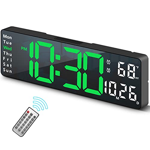 Digital Clock, Digital Wall Clock for Living Room Decor, Desk Alarm Clock for Bedroom, Large Wall Clock with Remote Control, Automatic Brightness Dimmer LED Clock with Date Temperature Week (Green-B) - color: Black Case+green Digit