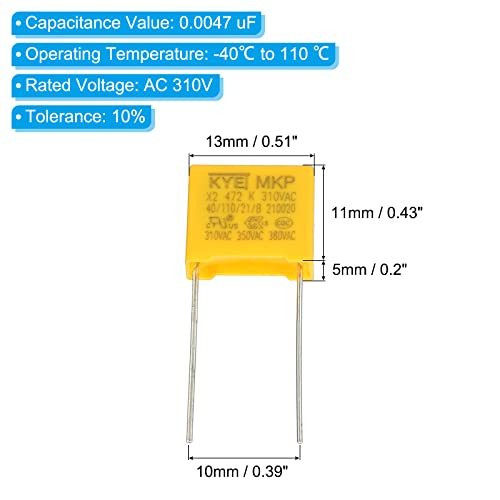 PATIKIL Safety Capacitors, 10 Pack 0.0047uF AC 310V 10mm Pin Pitch 13x11x5mm Polypropylene Film Capacitor Assortment Kit for DIY Electronic Products - style: 0.0047 uF