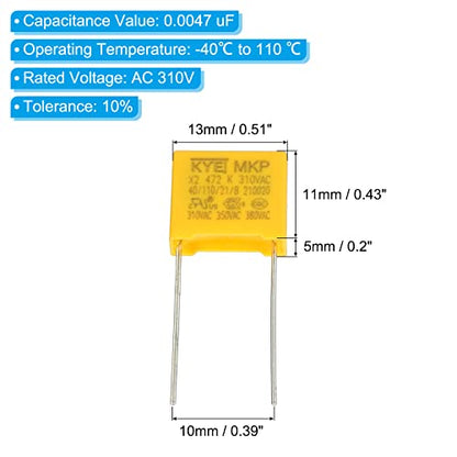 PATIKIL Safety Capacitors, 10 Pack 0.0047uF AC 310V 10mm Pin Pitch 13x11x5mm Polypropylene Film Capacitor Assortment Kit for DIY Electronic Products - style: 0.0047 uF