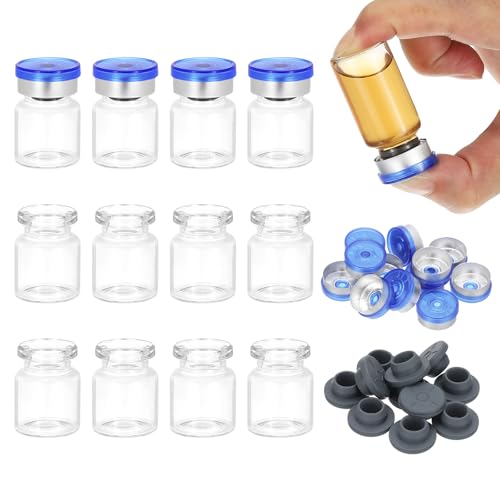 PATIKIL 12pcs 5ml Clear Borosilicate Glass Sample Vials with Aluminum Plastic Cap and Rubber Stopper for Lab Solid Liquid Powder Storage, Blue Silver Tone - color: Clear/Blue Silver Tone, size: 5ml