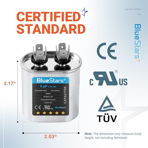 [UL Listed] BlueStars 3 uF MFD 370-440VAC CBB65 Oval Run Capacitor 50/60 Hz - size: 3 MFD