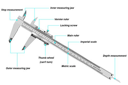 8 Inch / 20 cm Micrometer Vernier Caliper, Stainless Steel Precision Measuring Tool (Inch/Metric), Depth/Inside/Outside/Step Measurement, Accuracy 0.001" / 0.02mm