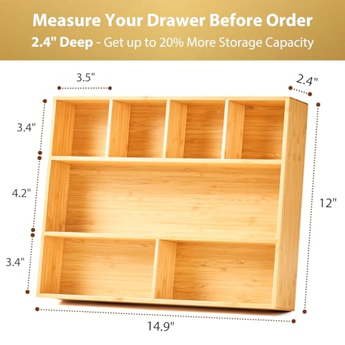 Umilife Large Bamboo Desk Drawer Organizer, Wood Office Junk Tray, 15"x12" - size: 15"x12"
