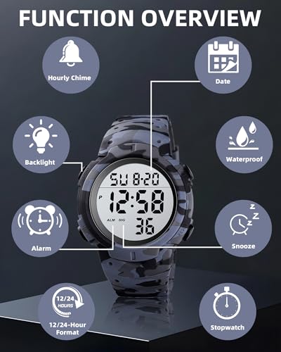 CakCity Digital Watch Mens, Waterproof Sport Wristwatch, Referee Stopwatch - color: Grey Camouflage