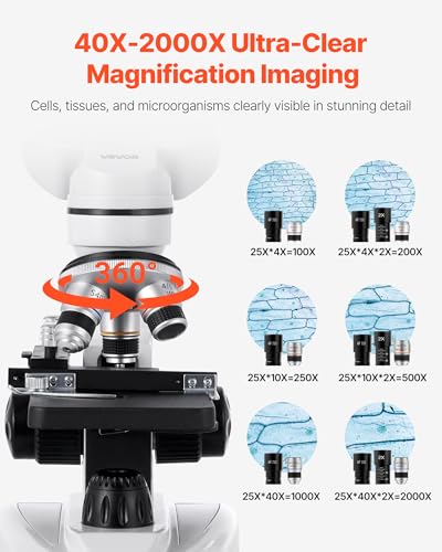 VEVOR Compound Binocular Microscope, 40-2000X Magnification, Professional Compound Microscope for Adult with Phone Adapter, LED Light, Aluminum Alloy Body, for Lab, School, Home, Education - size: 40-2000X