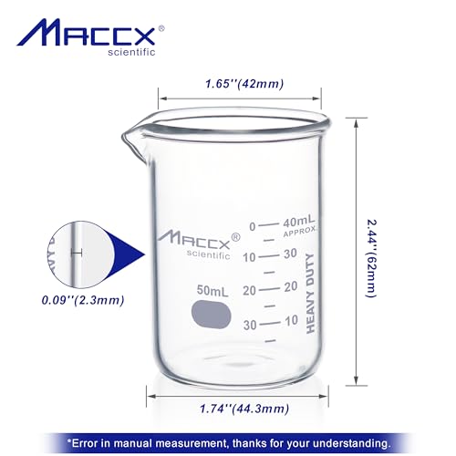 1.7oz(50ml) Sturdy Glass Beaker, Heavy-Duty Lab Beaker, 3.3 Borosilicate Griffin Low Form with Printed Graduation, Pack of 6, BKL050-006 - style: Vol.50ml, Pack of 6