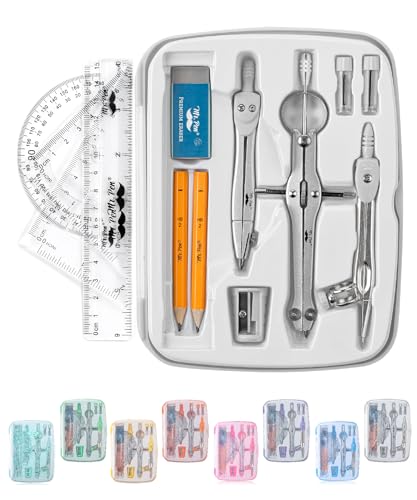 Mr. Pen- Geometry Set, 13 pcs, 3 Metal Compasses, Protractor, 6" Ruler | 45° & 30°/60° Set Squares, Pencils, Lead Refills, Sharpener & Eraser for Math, Drafting & Classroom Use - color: Grey