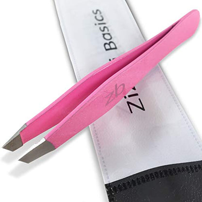 Tweezers – Surgical Grade Stainless Steel - Slant Tip for Expert Eyebrow Shaping and Facial Hair Removal – with Protective Pouch (Bubblegum Pink) - color: Bubblegum Pink
